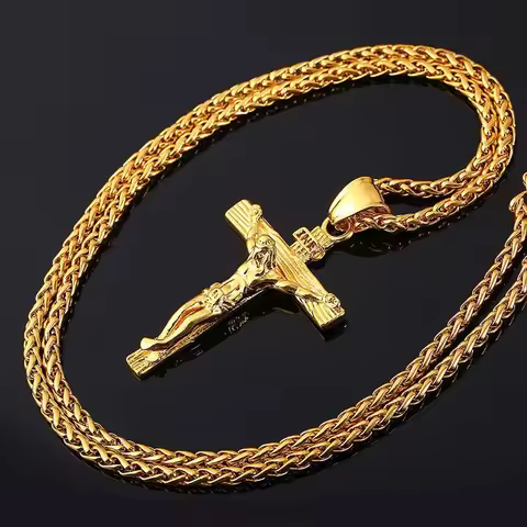 New Religious Jesus Cross Necklace for Men Fashion Gold Color Cross Pendent with Chain Necklace Jewe