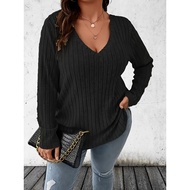 Women's Casual Plus Size 1XL-5XL Solid Ribbed T-shirt Ladies Fashion V Neck Long Sleeve T-shirt Wome