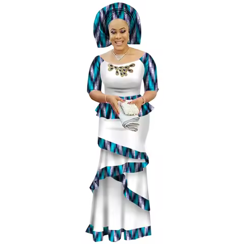 BRW Private Custom African Dress Bazin Riche Women Dress Suit Half Sleeve Tops and Long Print Skirt 