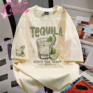 Cupids Retro Tequila Cocktail T-shirt Faux Embroidery Tequila Glass Loose Casual Daily Tee
