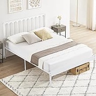 coucheta Queen Metal Bed Frame with Vintage Headboard, Modern Platform Bed Frame, Heavy Duty Strong Slat Support, No Box Spring Needed Mattress Foundation, White