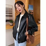 Women's Leather Bomber Jacket with Collar Casual Leather Bomber Jacket with Collar Bomber Jacket Wom