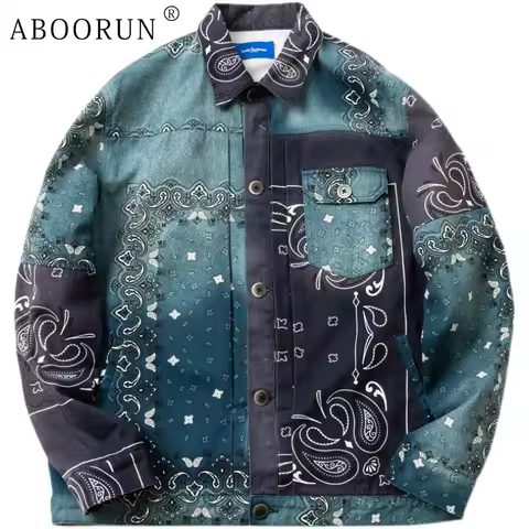 ABOORUN Men Retro Denim Jackets Gradient Cashew Printed Jean Coats Streetwear Coat for Male