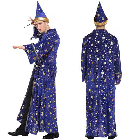 Carnival Blue Star Moon Magic Wizard Robe Sharp Hat COS Performance Costume