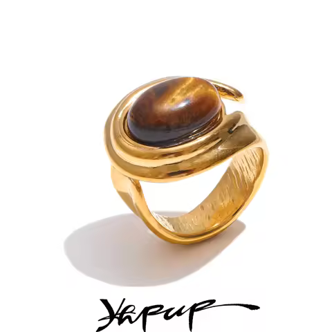 Yhpup Popular Stainless Steel Natural Tiger Stone Finger Ring Gold Silver Color Waterproof Geometric