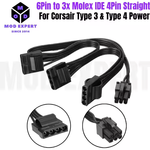6Pin to 3x Molex IDE 4Pin Straight Power Cable for Corsair CX850M, CX750M, CX650M, CX600M, CX550M, C