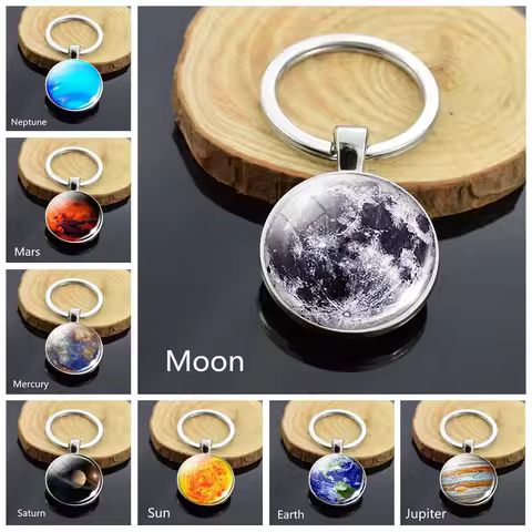 Double-sided Keychain Solar System Keyrings Full Moon Earth Mars Saturn Planet Glass Cabochon Keycha