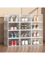 12 件裝鞋櫃,大型透明塑膠可堆疊鞋櫃,用於衣櫃,連接左右鞋盒,用於入口的鞋盒容器箱,前垂,適合 11 號（白色）