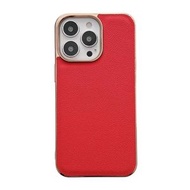 全城熱賣 - 真皮羅萊系列納米電鍍手機殼 適用於iPhone 14 Pro Max（紅色）