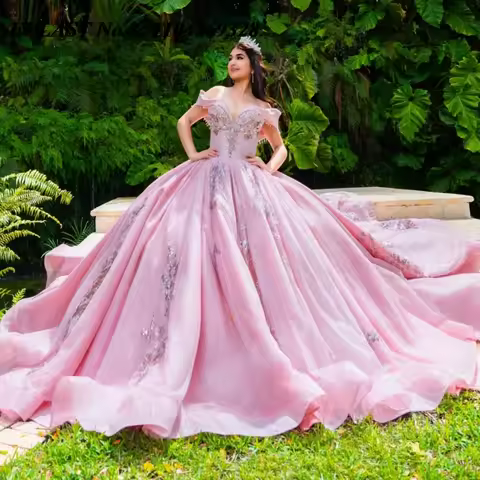 EVLAST Customized 2025 Pink Quinceanera Dress Ball Gown Lace Applique Crystal Sequins Beaded Sweet 1