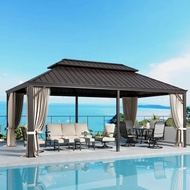 Hardtop Gazebo, Permanent Aluminum Outdoor Gazebo with Galvanized Steel Double Roof & Gutter System,