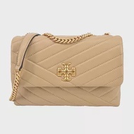 TORY BURCH KIRA 雙T金字LOGO鍊斜紋衍縫翻蓋兩用包-小/ 奶茶