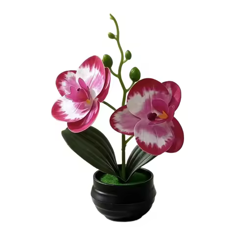 Artificial Orchid Plant with Lifelike Petals and Black Stripped Pot for Living Room Bedroom and Bath