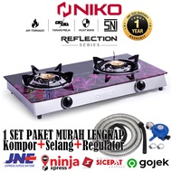Kompor Gas 2 Tungku Tanam Niko Reflection 2 Tempered Glass 7mm Burner Kuningan Api Biru+Selang Gas+R