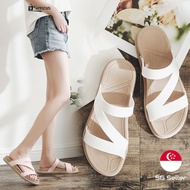 [SG SELLER] Casual Plain Tie Straw Flat Sandals Outdoor Slippers for Women