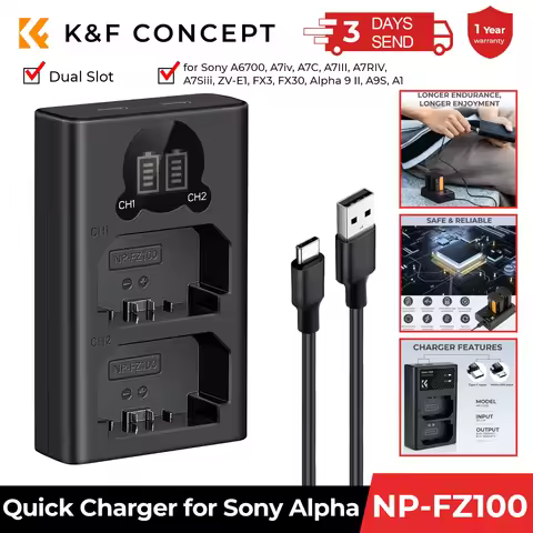 K&F Concept NP-FZ100 Battery Charger Dual Slot Quick Charger for Sony Alpha A7 III A7R III A7R3 A9 a