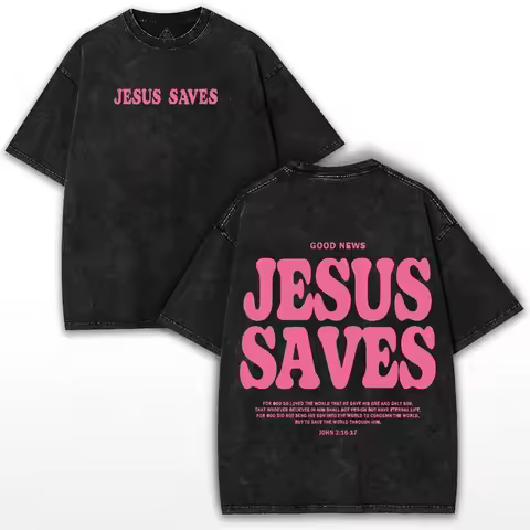 Jesus Saves T-Shirt Christian John 3:16-17 Washed Cotton Vintage Pink Letter Graphic Tee Retro Stree