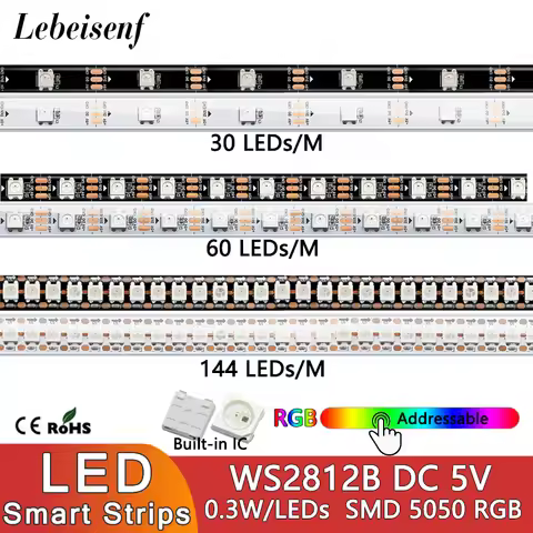 1M WS2812B RGB LED Addressable Digital Pixel Light Strip DC 5V 0.3W/LEDs 30/60/144 Lamp Black White 