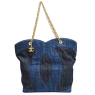 藍色 丹寧布 托特包 金釦【CHANEL 香奈兒】 AS3857