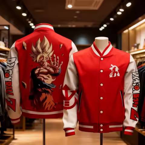 Unisex Baseball Jacket with Goku Super Saiyan Blue Aura Back Print Kamehameha Wave Design Orange and