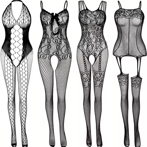 4PCS Women Diverse Sensual Bodysuit Seductive Suspender & Neckline Mesh Cutout Stockings Passionate 