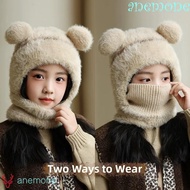 ANEMONE Children Windproof Hooded Hat, 4 in1 Coldproof Scarf Mask Integrated Hat, Cute Plush Face Gu