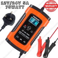 FOXSUR 75W 12V 24V 5A 12V5A Car Battery Charger Lead Acid Pengecas Bateri Kereta Motorsikal Motorcyc