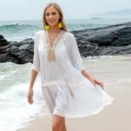 Vintage Embroidery Tassel Casual Dress Deep V Neck Half Sleeve Solid Color Boho Style Y2K Spring Sum