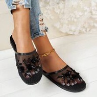 รองเท้าแตะชายหาดแบบแบนประดับดอกไม้เลื่อมและลูกปัดแฮนด์เมดสไตล์เรโทรสำหรับผู้หญิง, พื้น EVA น้ำหนักเบ