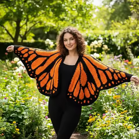 Monarch butterfly cloak, butterfly shawl, cardigan, knitted irregular cardigan, butterfly shawl, cro