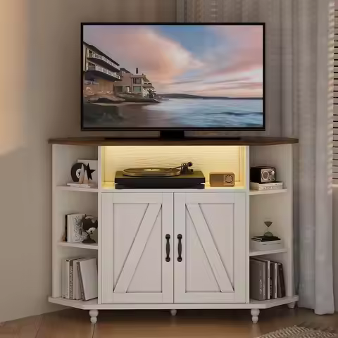 45" Corner TV Stand for 55-Inch TVs with Storage, White