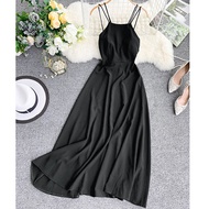 Retro Pure color elegant romantic woman dress sexy bra cross strap open back medium long dress dress