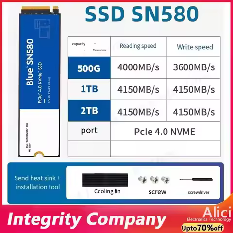 Original FOR WD SSD SN580 NVMe Blue 2TB 1TB 500GB PCIe 4.0 * 4 M.2 2280 Internal Solid State Drive F