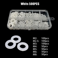 <DOOL> 500PCS White Plastic Washers Flat Nylon Washer Assorted Washer Seals M2-M8