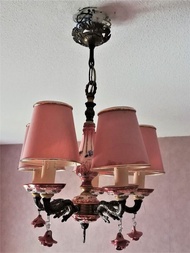 老法國 - 手繪玫瑰小花瓷器銅吊燈(5燈)