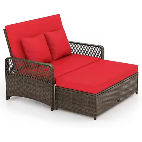 Patio Adjustable Wicker Daybed, Rattan Loveseat & Storage Ottoman w/ 4-Level Backrest & Soft Cushion