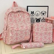 3pcs Nylon Bow Print Backpack Set,Foldable Multi-Po Cket Large CapacityWater-Resistant Zipper Backpa