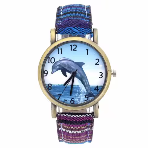 Dolphin Pattern Ocean Aquarium Fish Fashion Casual Men Women Canvas Cloth Strap Sport Analog Quartz 