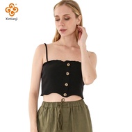 Ribbed Women's Tube Ruched Cotton Crop Top Spaghehtti Sexy Button Korean Black Tank Camiseta Plus Si