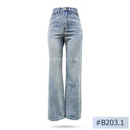 กางเกงยีนส์ผู้หญิงทรงกระบอก เอวสูง นิยมยีนส์ Niyom jeans สียีนส์ฟอกสีอ่อน ผ้าไม่ยืด รุ่น B203.1