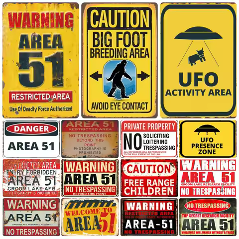 Warning Area 51, Vintage Metal Tin Sign, UFO Activity Area, Caution Danger Wall Plaque, Retro Painti