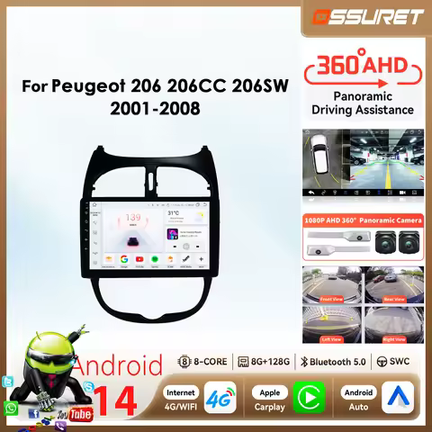 360 Camera Android Auto Car radio For PEUGEOT 206 206SW 206CC 2001 - 2008 Autoradio Wirless Carplay