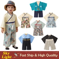 Japanese Traditional Kimono Black White Blue Yukata Set For Kids Boy Haori Coat Vest Pants Party Car