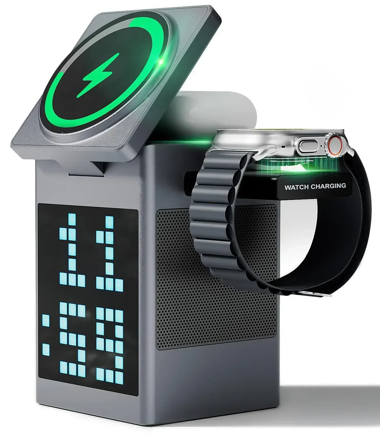 ที่ชาร์จไร้สายแม่เหล็กแบบพับได้ 6 in 1 พร้อมลำโพงบลูทูธ นาฬิกาปลุก และลายการ์ตูนพิกเซล สำหรับ iPhone