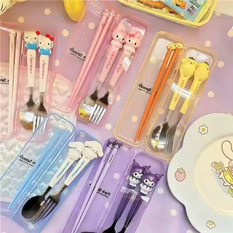 Sanrio Hello Kitty Melody Kids Chopsticks Spoon Fork Set Cinnamoroll Kuromi Stainless Steel Cutlery 