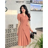 Vy Japanese Party vest Dress With Puffed Sleeves And Front Pleated Buttons In Pink, Black Luxurious 