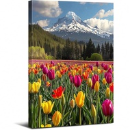 1PCS With Frame Yellow Flowers Wall Decor Snow Mountain Scenery Canvas Prints Tulip Flower Field Sce