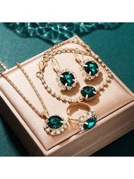 5入組女士祖母綠吊墜項鍊奢華耳環戒指手鐲珠寶套裝時尚配飾