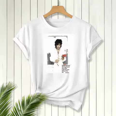 Prince Portrait And Lyrics Print, Short Sleeve Round Neck T-Shirt, Women's T-Shirt, Casual Wear