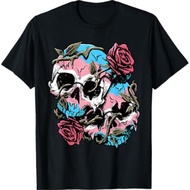 Transgender Pride Trans Flag Skull Roses Subtle Lgbtq T-Shirt